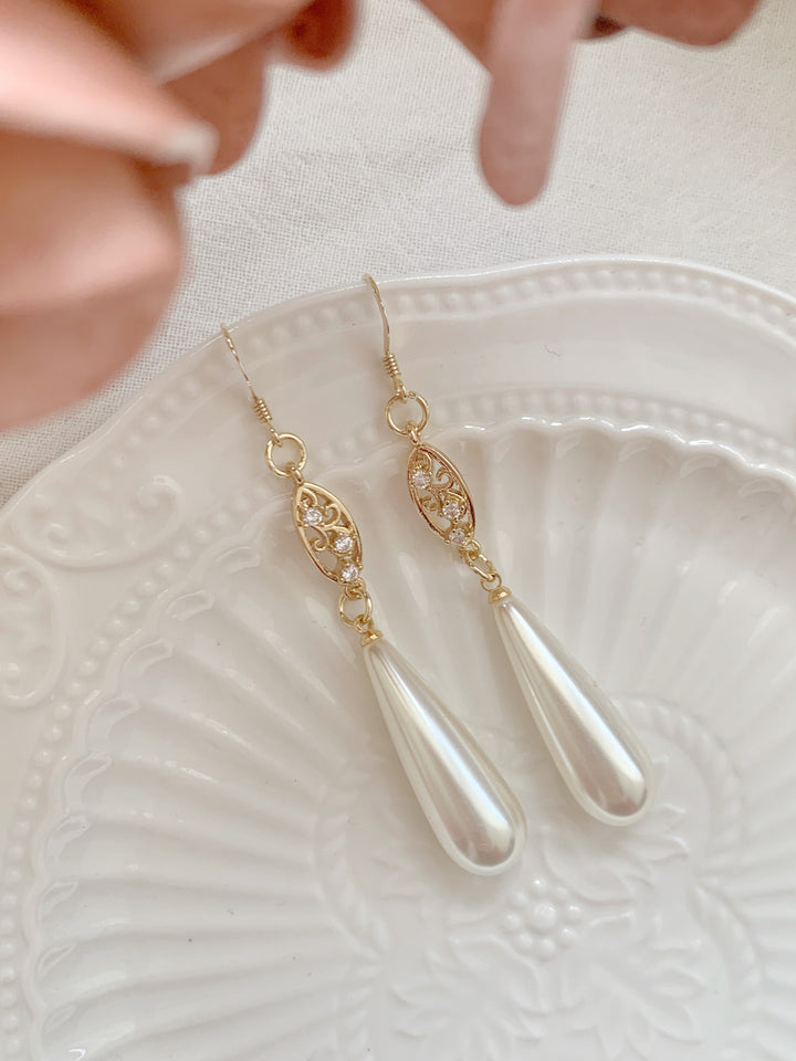 Vintage Zircon Long Pearls Bridal Earrings
