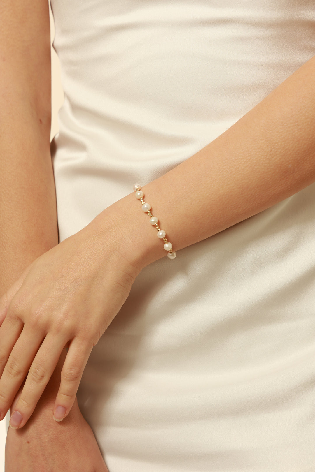 5mm Genuine Off-Round Pearl Bracelet with 14K Gold-Plated Beads