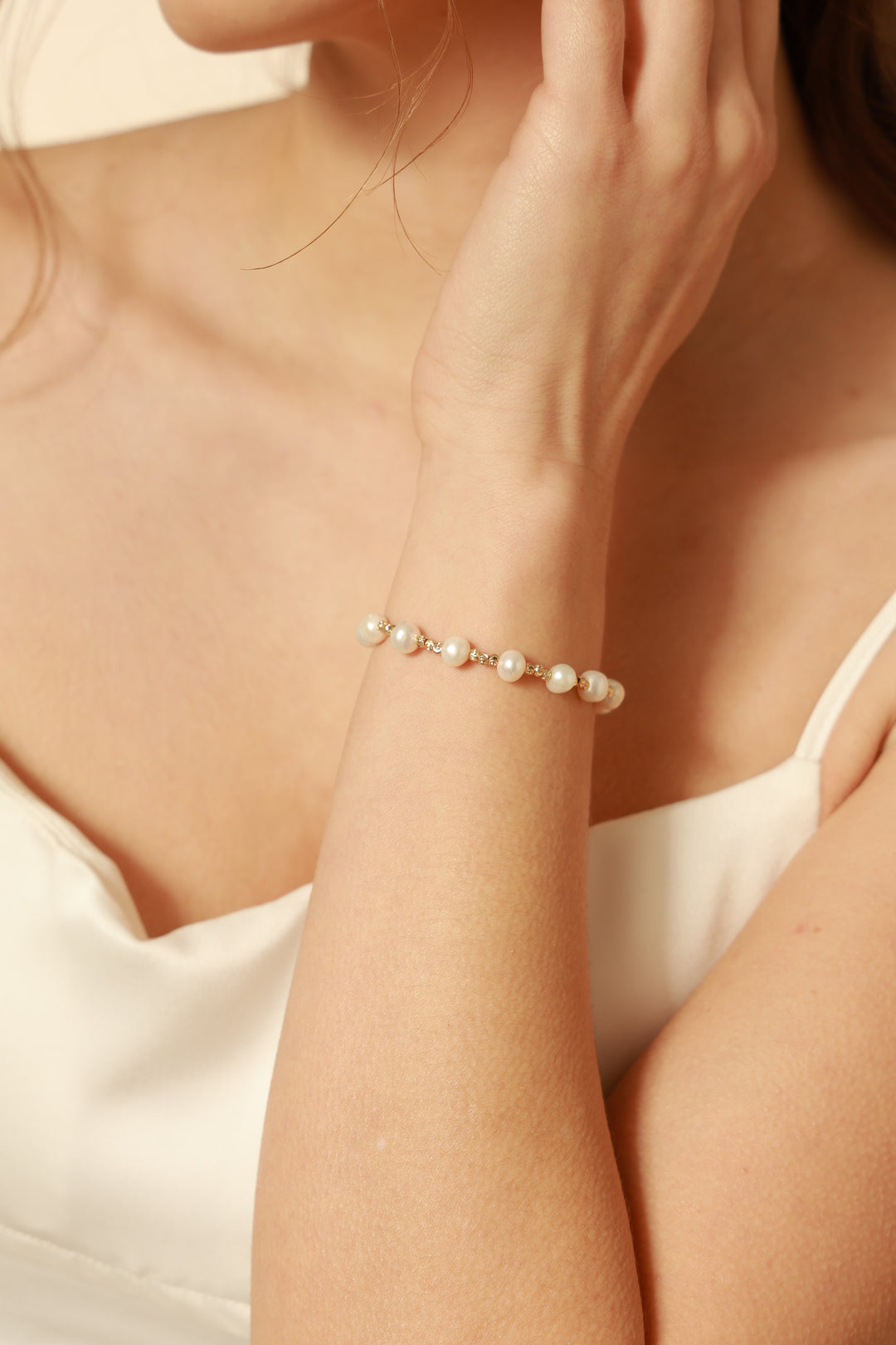 5mm Genuine Off-Round Pearl Bracelet with 14K Gold-Plated Beads