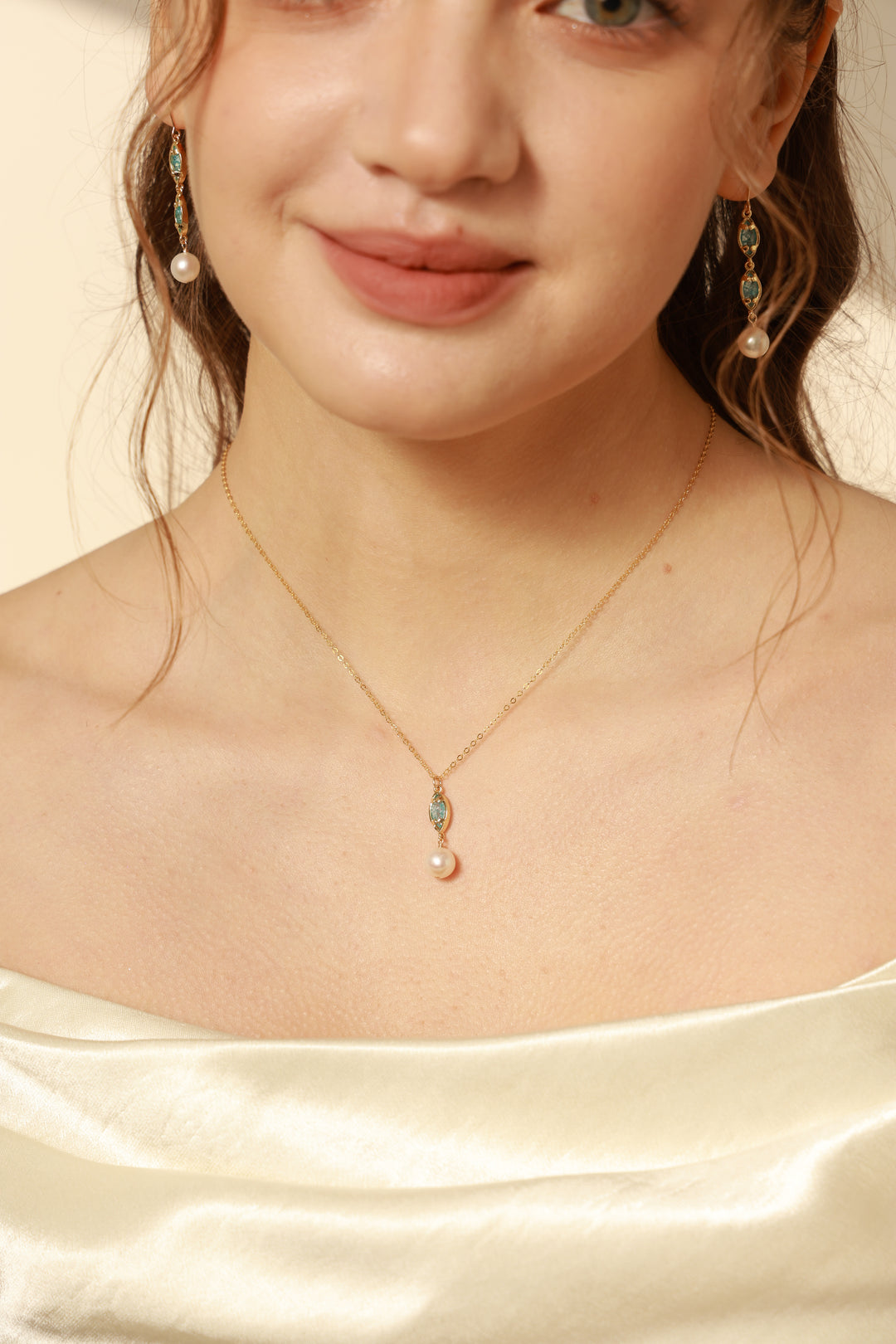 Madeleine Blue Zircon Pearl Gold Filled Jewelry Set