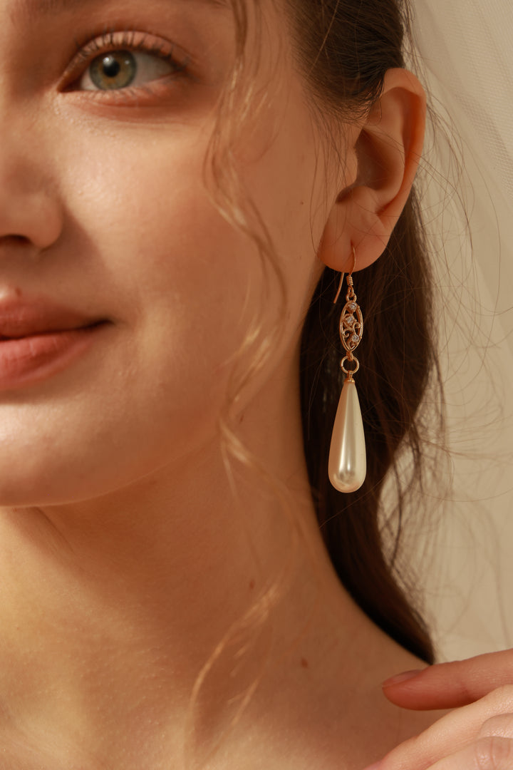 Vintage Zircon Long Pearls Bridal Earrings