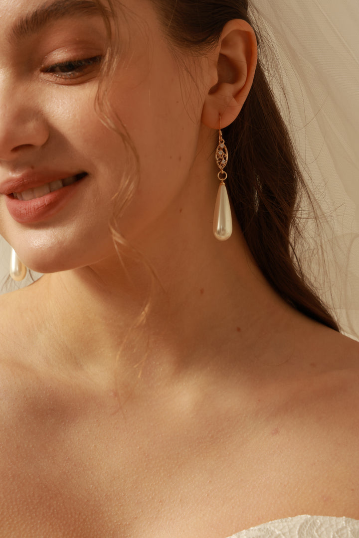 Vintage Zircon Long Pearls Bridal Earrings