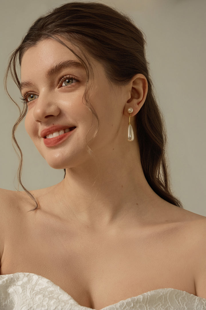 Classic Teardrop Long Pearl Bridal Drop Earrings