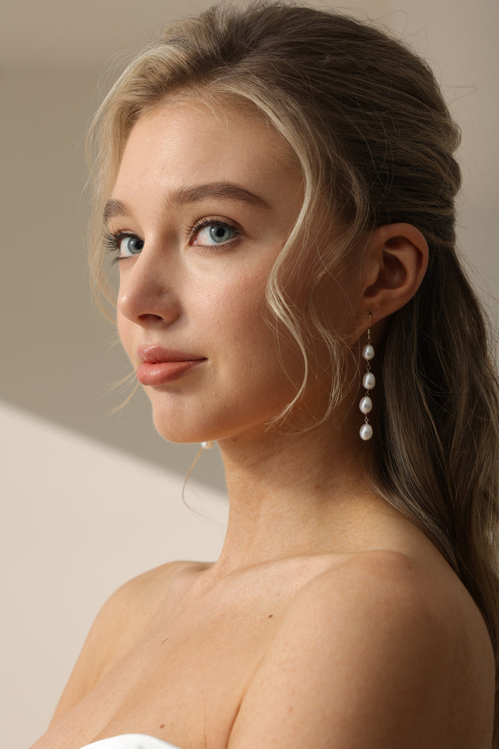 Genuine Four Pearl Bridal Long Drop Earrings