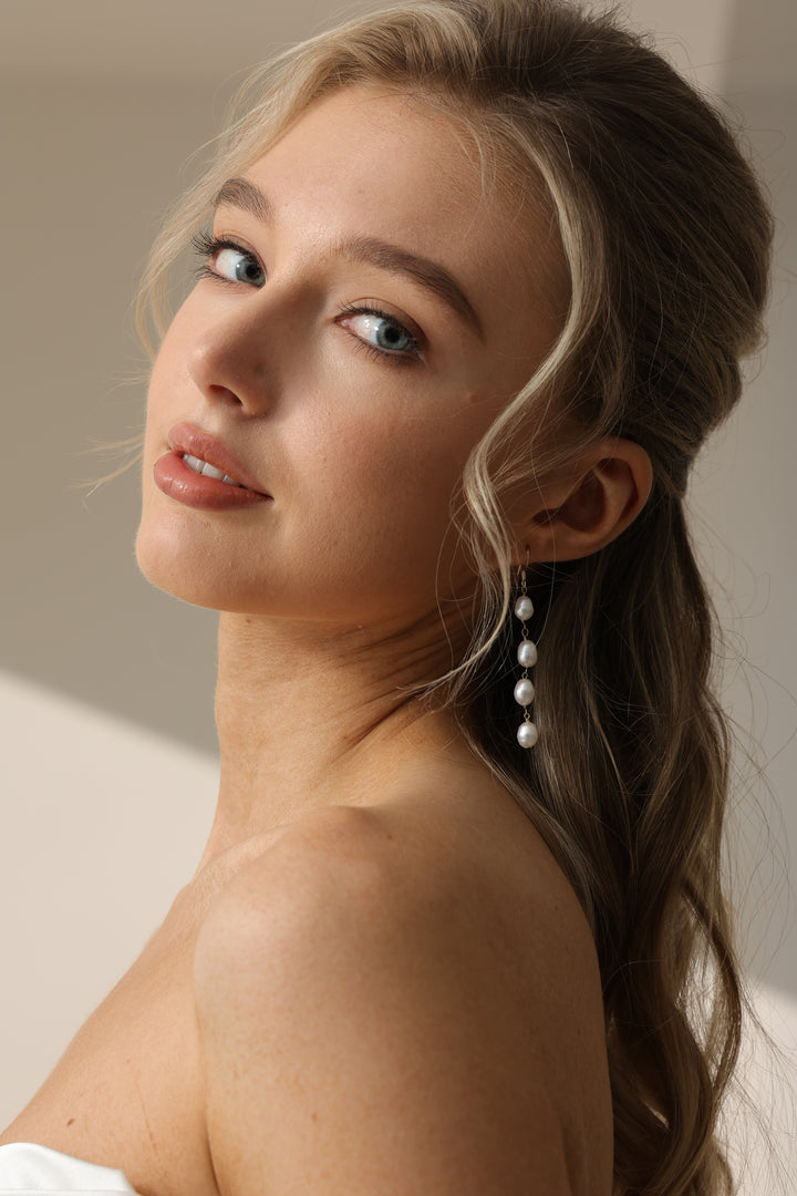 Genuine Four Pearl Bridal Long Drop Earrings