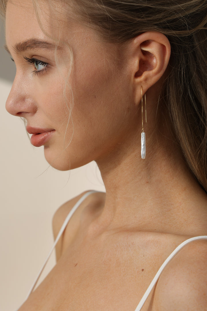 Elegant Gold Threader Bridal Earrings with Baroque Pearl Drop