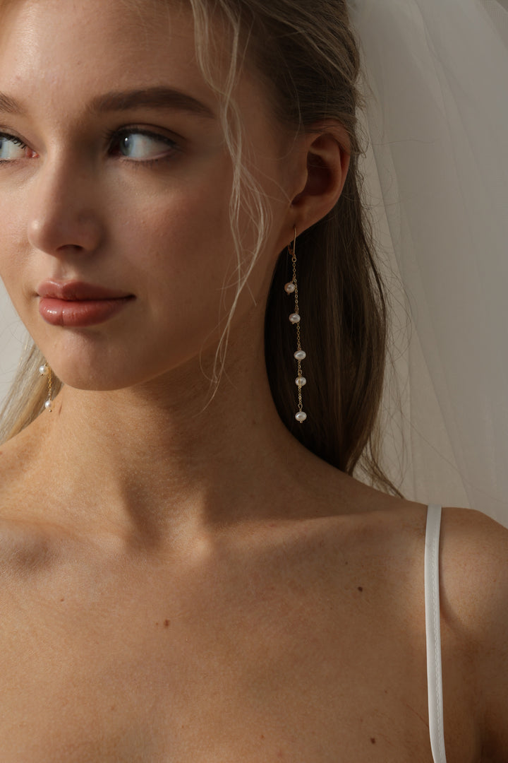 Rice Pearl Bridal Long Drop Earrings
