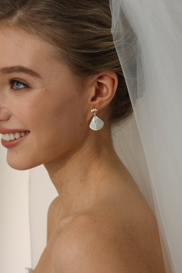 Fan Shaped Shell Pearl Bridal Drop Earrings