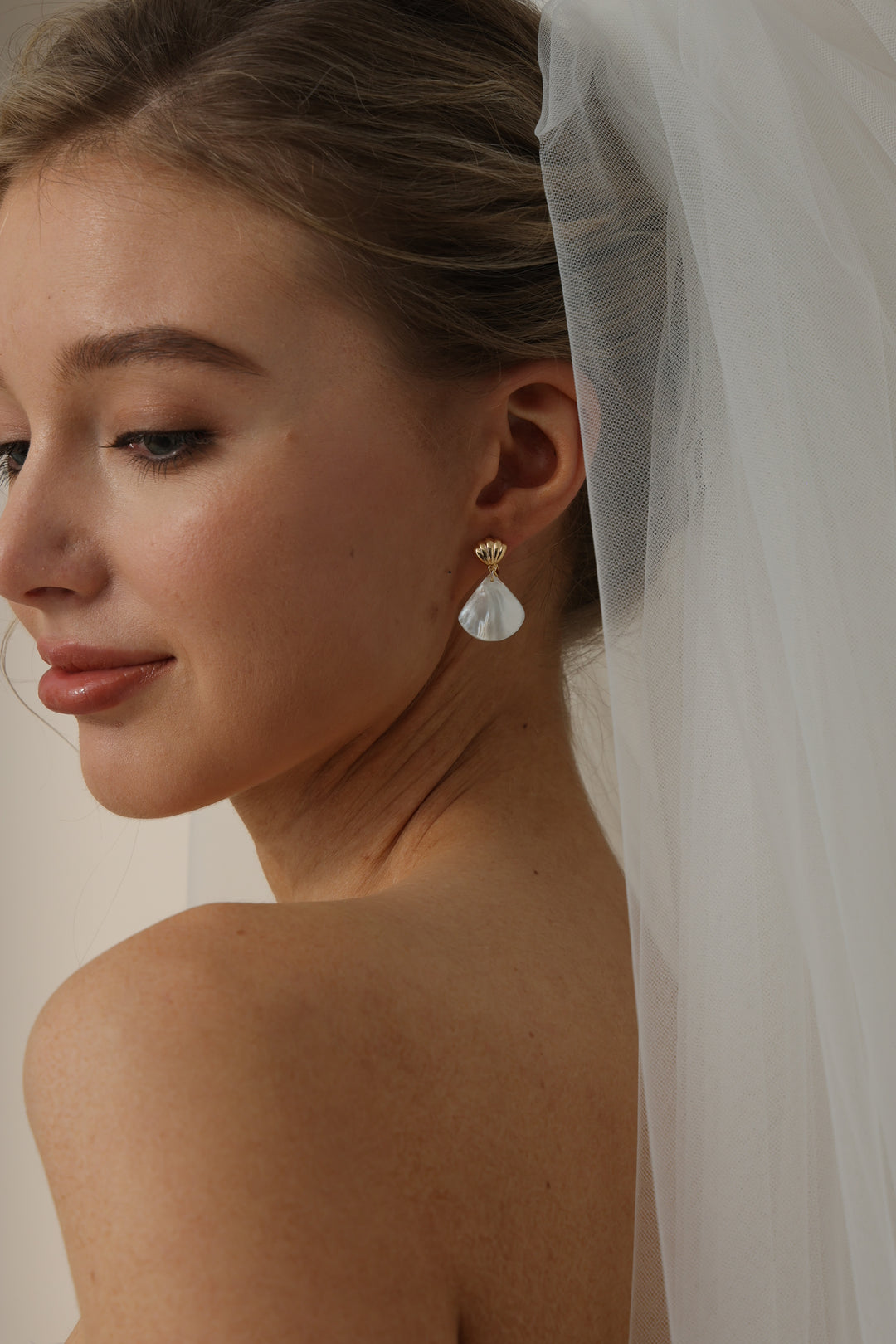 Fan Shaped Shell Pearl Bridal Drop Earrings