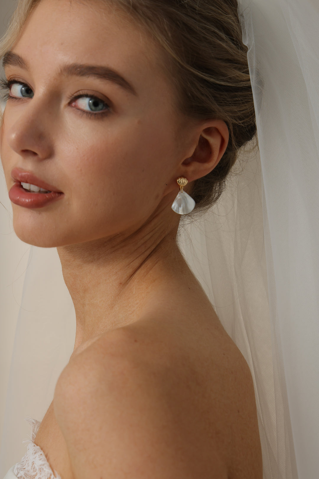 Fan Shaped Shell Pearl Bridal Drop Earrings