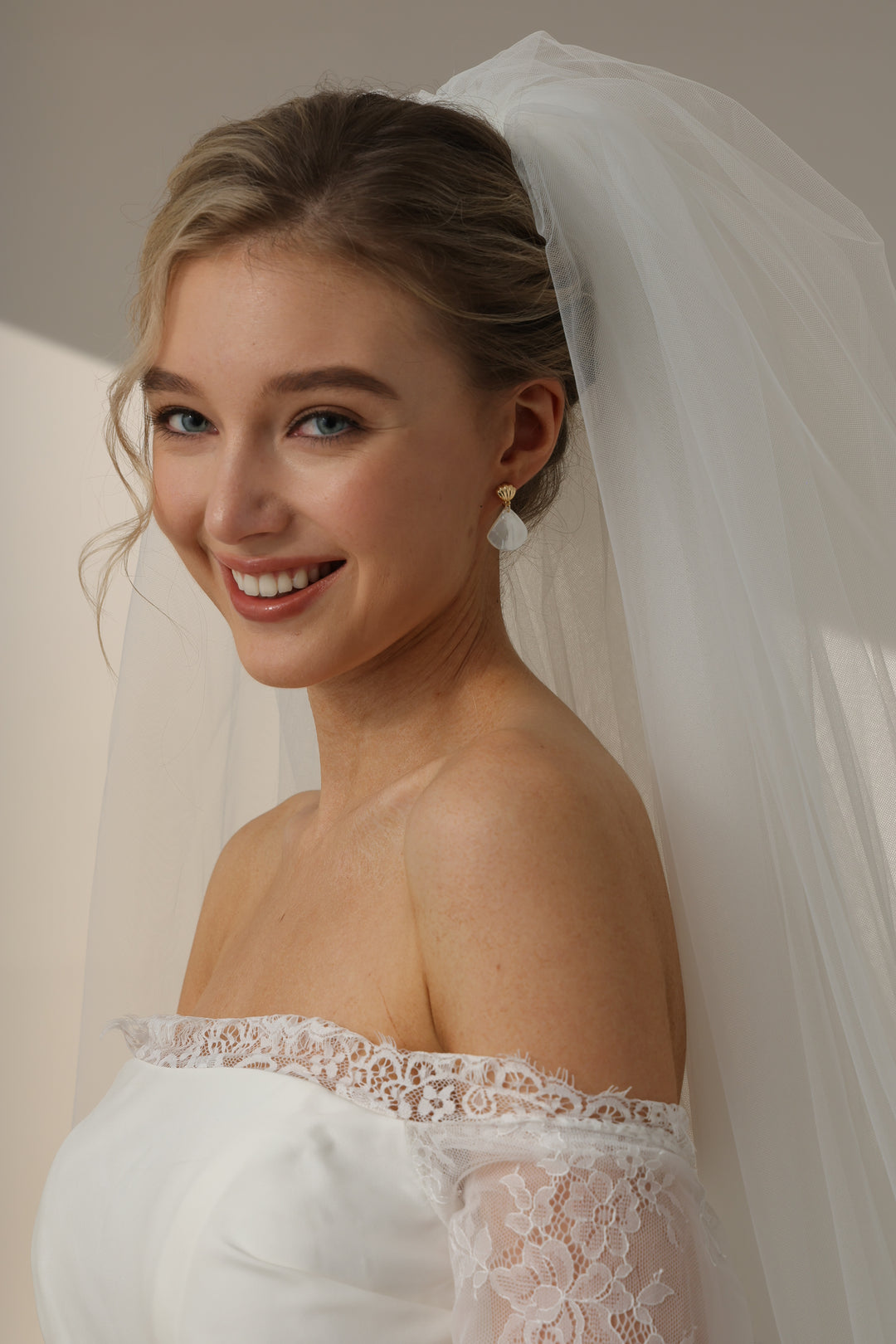 Fan Shaped Shell Pearl Bridal Drop Earrings