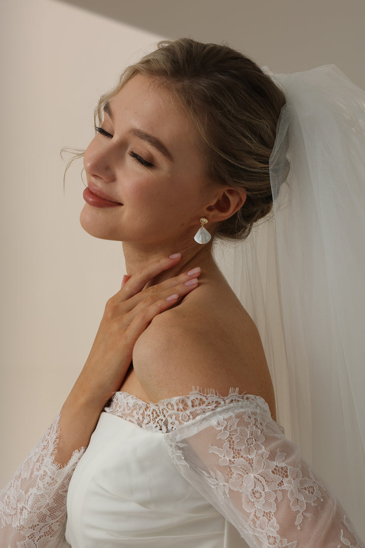 Fan Shaped Shell Pearl Bridal Drop Earrings