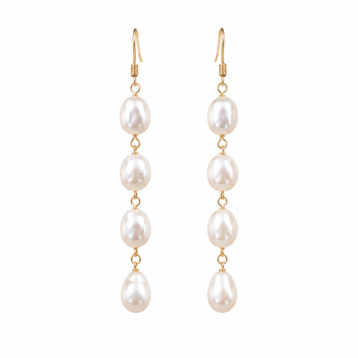 Genuine Four Pearl Bridal Long Drop Earrings