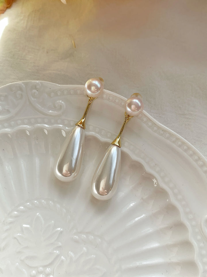 Classic Teardrop Long Pearl Bridal Drop Earrings