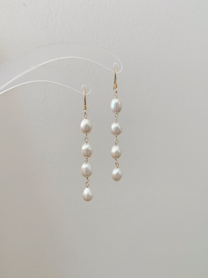 Genuine Four Pearl Bridal Long Drop Earrings