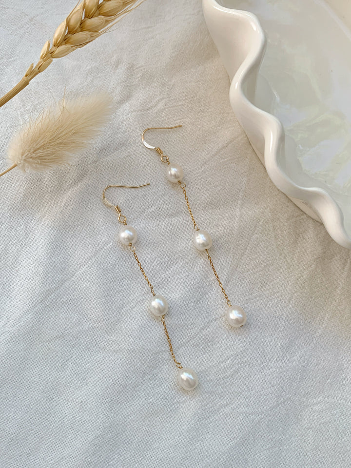 Rice Pearl Bridal Long Drop Earrings