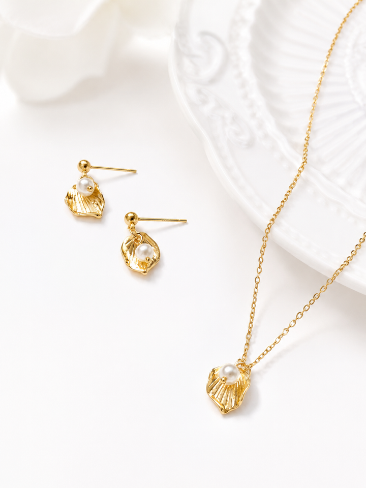 Tiny Pearl Leaf Gold Plated Bridesmaids Jewelry Set