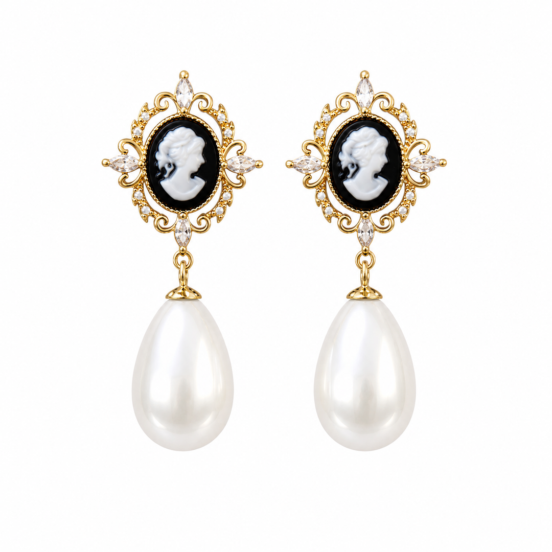 Vintage Large Pearls Cameo Earrings