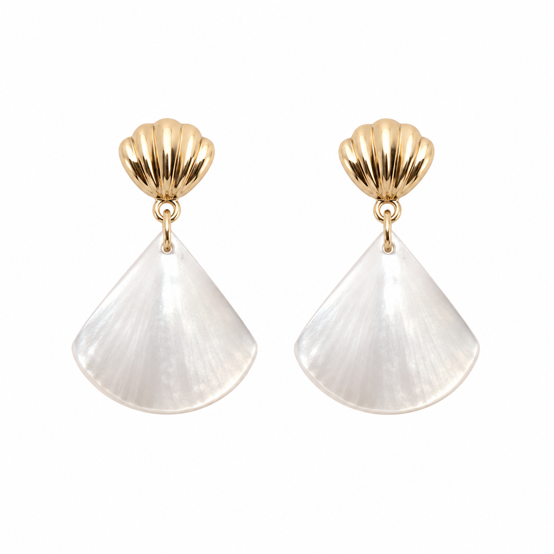 Fan Shaped Shell Pearl Bridal Drop Earrings