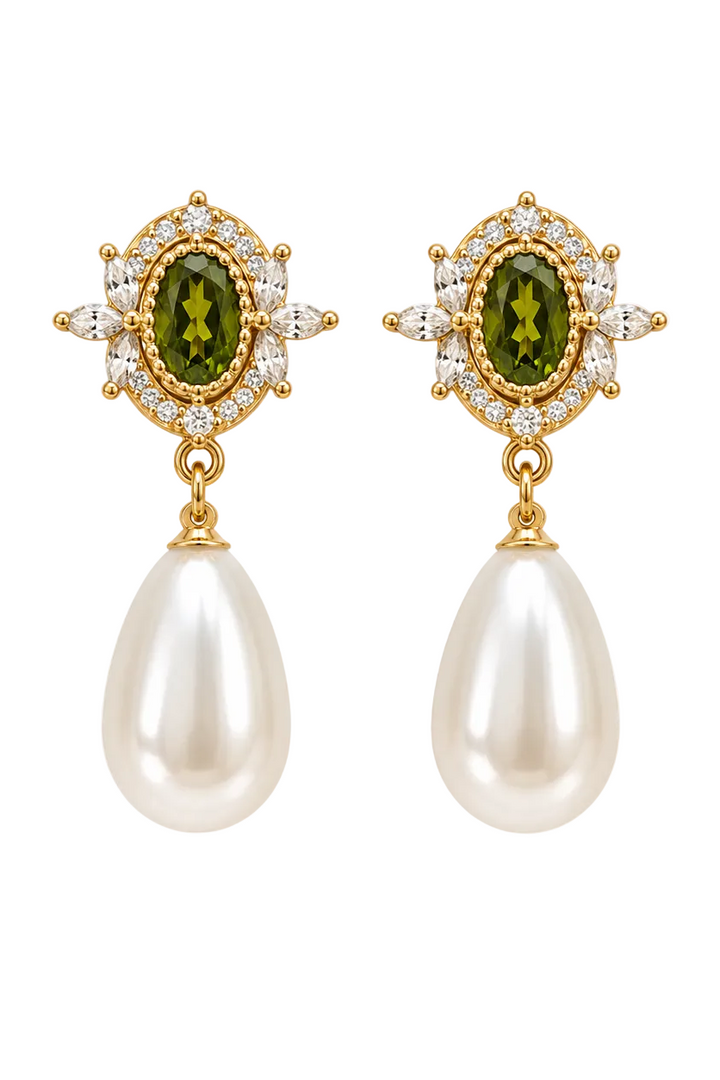 Vintage Green Zircon Pearl Earrings