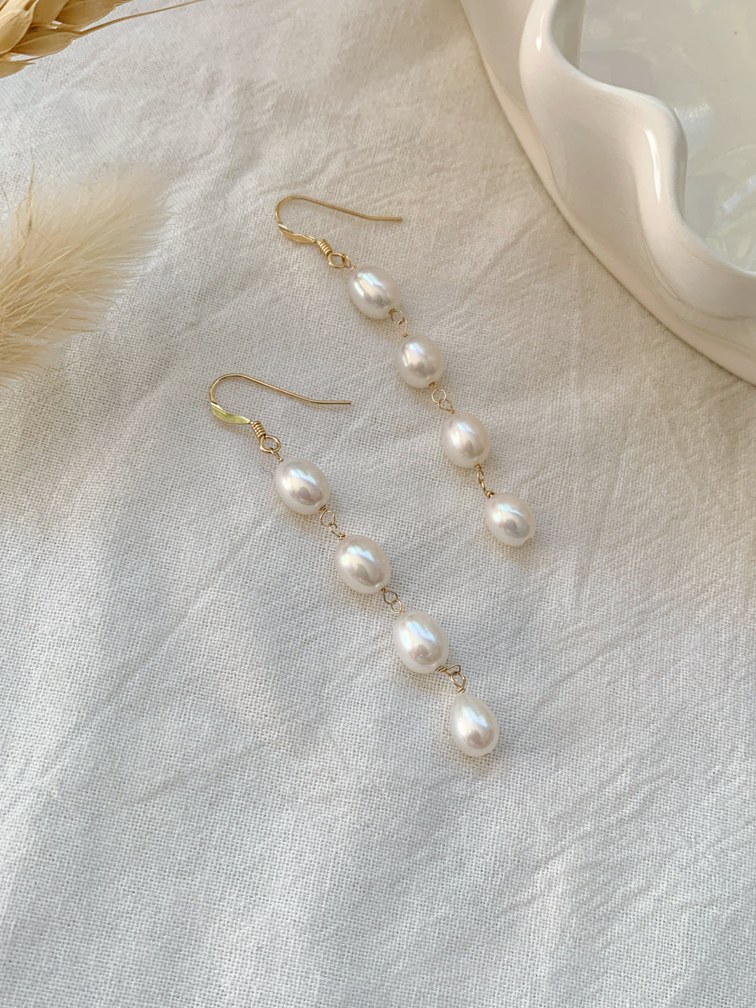 Genuine Four Pearl Bridal Long Drop Earrings