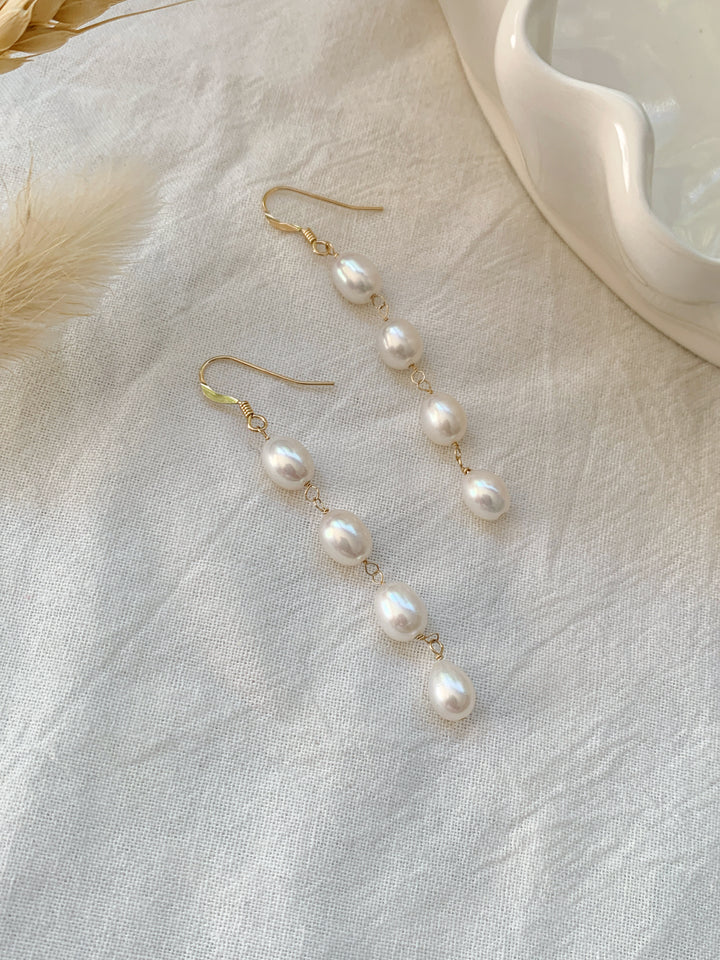Genuine Four Pearl Bridal Long Drop Earrings