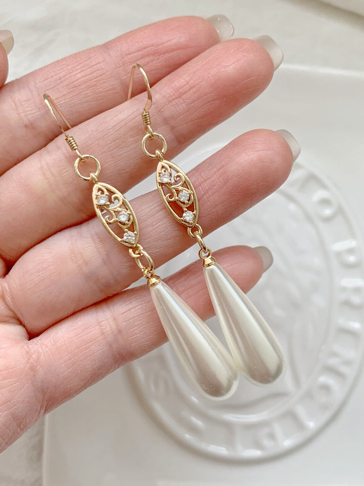 Vintage Zircon Long Pearls Bridal Earrings