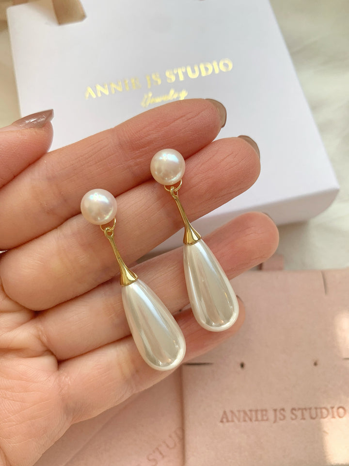 Classic Teardrop Long Pearl Bridal Drop Earrings
